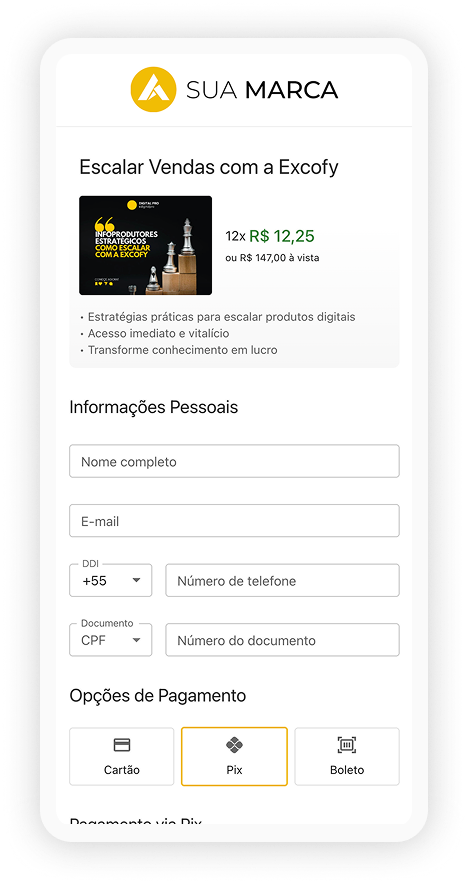 Tela da página de pagamento da Excofy para celular, com dados do produto fixo no topo seguido do formulário para informações pessoais e botões para escolher opções de método pagamento: cartão de crédito, pix e boleto.