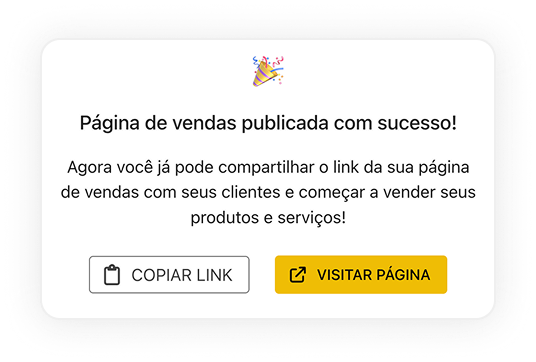 Modal com mensagem de página publicada com sucesso, exibindo a URL da página de vendas criada na Excofy.